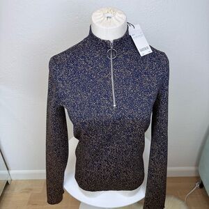 NWT GAUCHERE Paris FW19 Navy & Camel Textured Half-Zip Top - FR 36